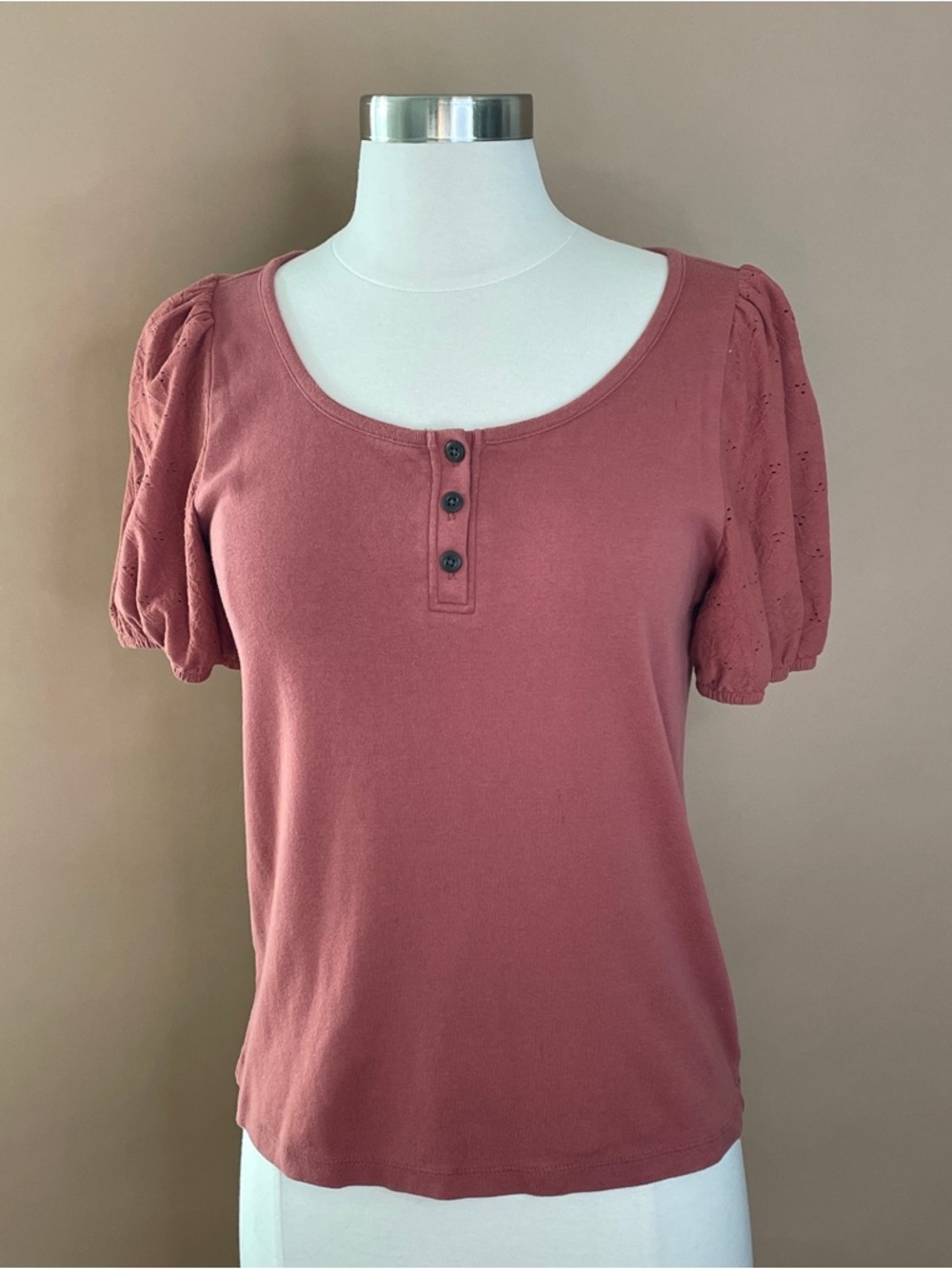 Madewell Puff Sleeve Henley Top S Rust Eyelet Sleeve Casual
